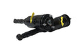 Two black shock absorbers with yellow mounting bolts on a white surface.