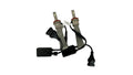 Two car light bulbs with connectors on a white fabric background