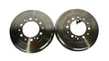 Two metallic brake rotors on a white background