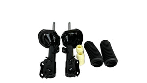 Automotive suspension components including shock absorbers, springs, and bushings on a white background