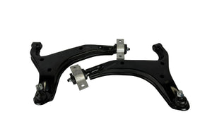 Two black metal suspension control arms on a white background