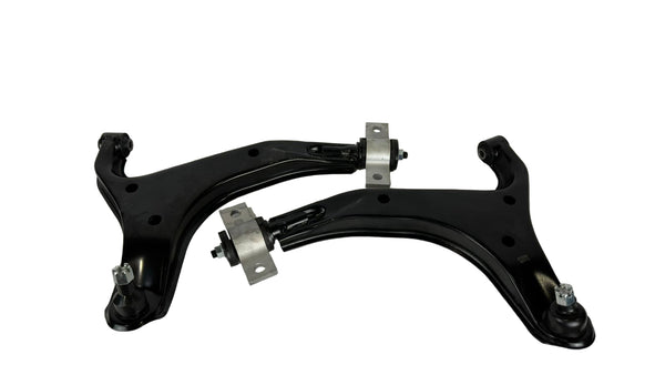 Two black metal suspension control arms on a white background