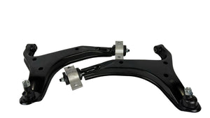 Two black metal suspension control arms on a white background