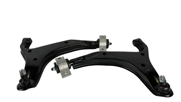 Two black metal suspension control arms on a white background
