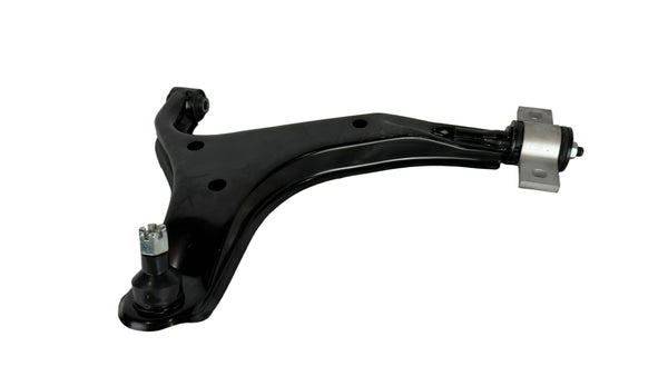 Black metal suspension control arm on a white background